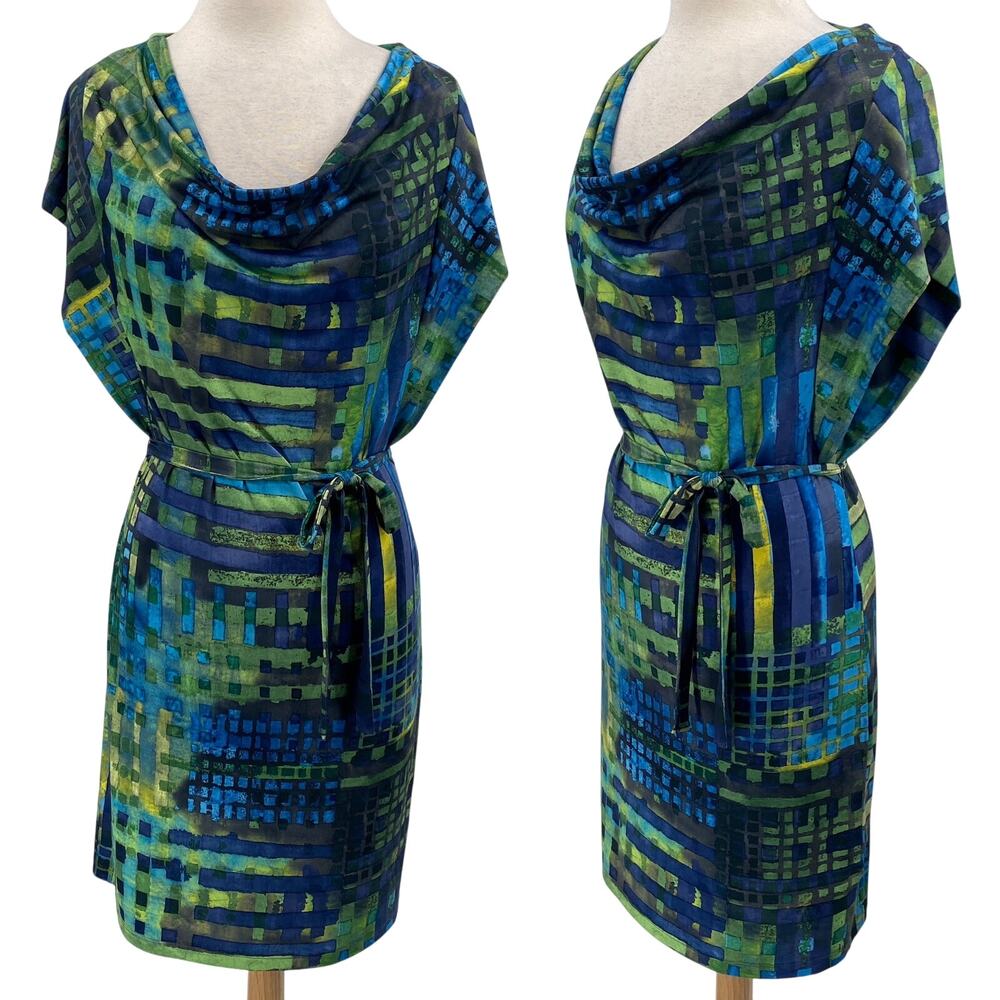 Komarov Abstract Printed Mini Dress Cowl Neck Dolman Sleeve Belted Green Blue M